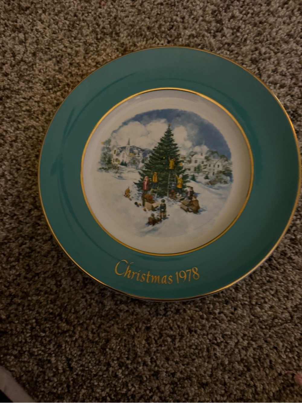 Avon Teal and Gold Holiday Plate with Winter Village Scene